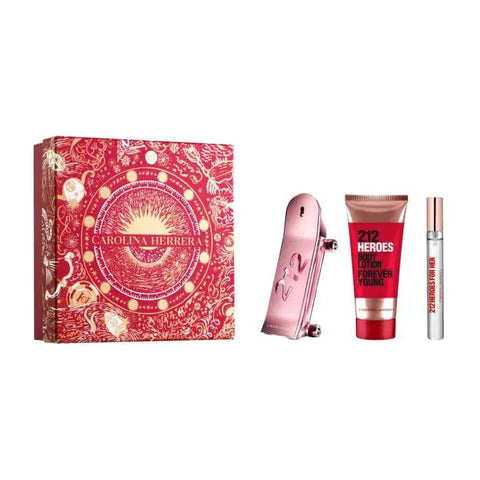 Set of three Carolina Herrera 212 Heroes For Her Eau de Perfume sprays, 80ml each, displayed with elegant packaging.