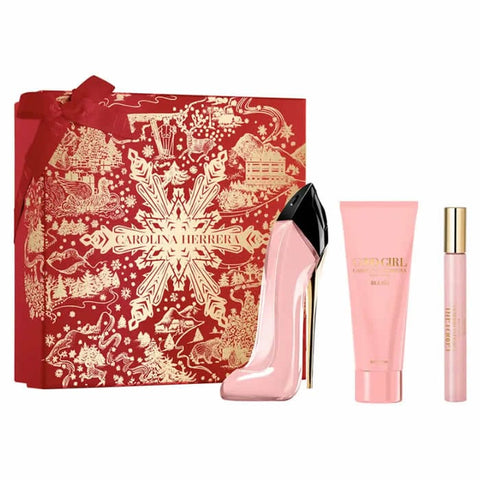 Set of three Carolina Herrera Good Girl Blush Eau de Perfume sprays, 80ml each, featuring elegant glass bottles with floral accents.