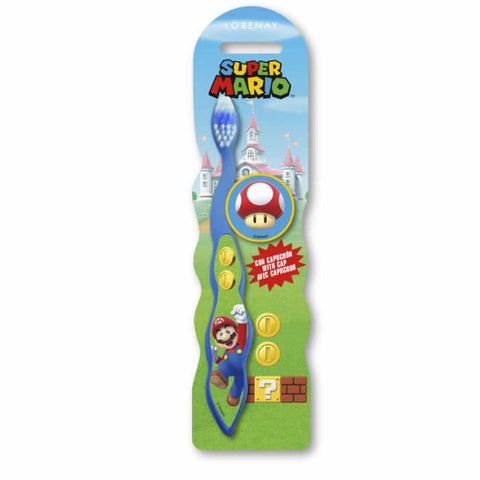 Cartoon Super Mario toothbrush with cap by Jag Couture London New York, featuring colorful Mario design and playful cap detail.
