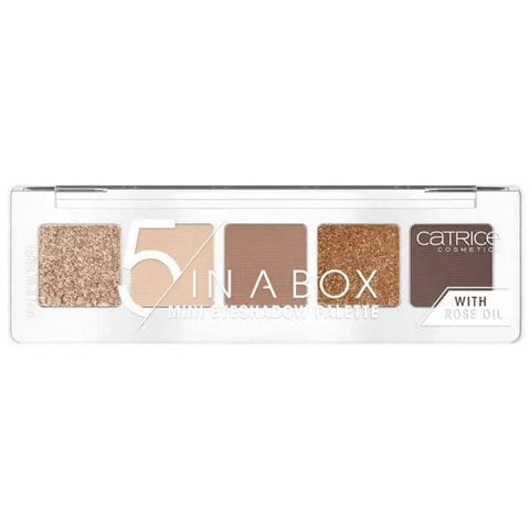 Catrice 5 In A Box Mini Eyeshadow Palette in Golden Nude Look with five shimmering eyeshadow shades, compact and portable.