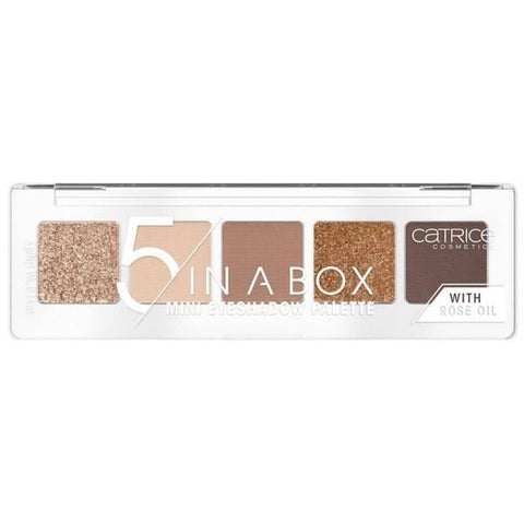 Catrice 5 In A Box Mini Eyeshadow Palette in Soft Rose Look with pink and neutral shades, compact makeup palette from Jag Couture London.
