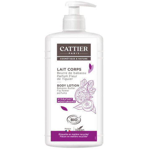 Cattier Paris moisturizing body milk in a 500ml bottle, featuring smooth, hydrating lotion for soft skin.