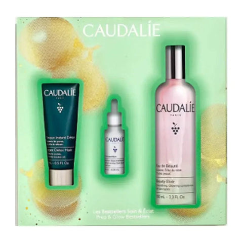 Set of three Caudalie Beauty Water 100 ml bottles by Jag Couture London - New York, featuring clear bottles with white caps and minimalist labels.