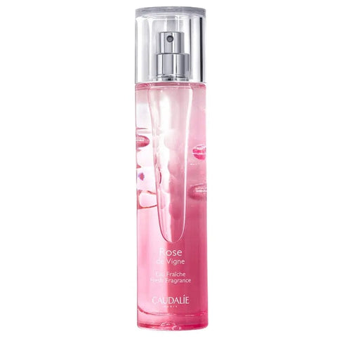 Caudalie Eau Fraiche Rose de Vigne 50ml perfume bottle with a delicate rose scent, displayed with a sleek glass design.