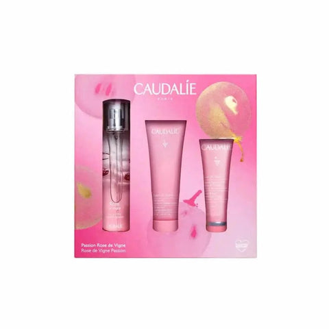 Caudalie Passion Rose De Vigne set with two skincare products, featuring elegant packaging and rose-themed design.