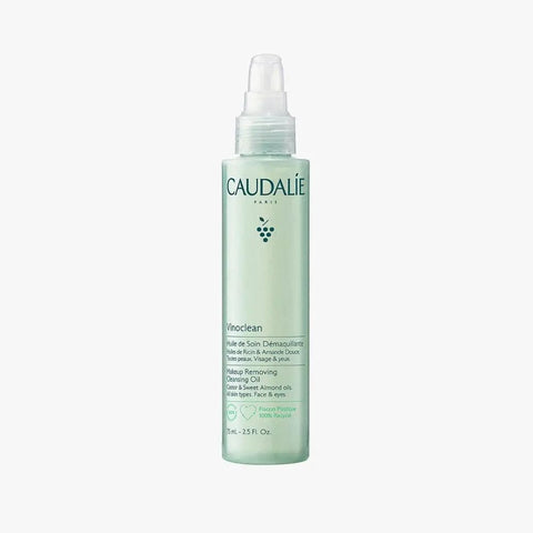 Caudalie Vinoclean Cleansing Oil 75ml bottle with pump dispenser, displayed on a neutral background, showcasing the product.