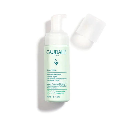 Caudalie Vinoclean Fleur de Vigne Instant Foaming Cleanser in 150ml bottle, featuring a clear pump dispenser and light floral packaging.