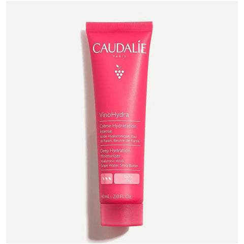 Caudalie VinoHydra Intense Hydration Cream 50ml jar with white lid, featuring labels and product details on the packaging.