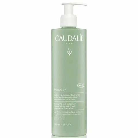 Caudalie Vinopure Purifying Gel Cleanser in 385ml bottle, shown with clear gel texture, designed for deep facial cleansing.