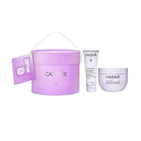 Jag Couture London New York Caudalie Vinotherapist body butter set with two moisturizing jars, featuring elegant packaging and creamy texture.