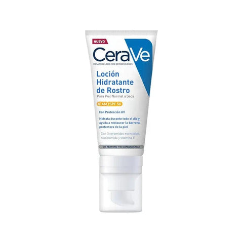 Jag Couture London New York Cerave Facial Moisturising Lotion SPF50 52ml bottle with pump and label displaying product details.
