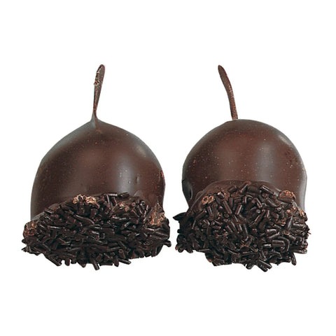 Dark chocolate-covered Cerisettes with whole cherry in brandy from Jag Couture London New York, showing glossy chocolate coating.
