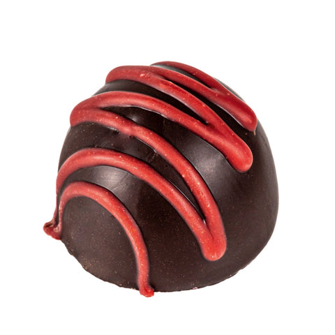 Cherry fruit cream flavored fondant in dark chocolate, 13g, by Jag Couture London New York, shown in a close-up image.