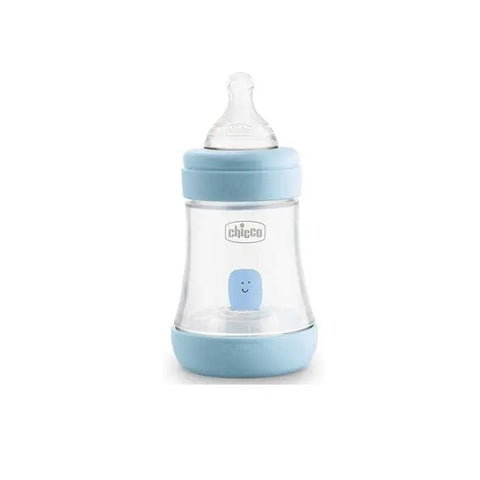 Blue silicone Chicco Perfect5 baby bottle for 0+ months, 150ml, from Jag Couture London - New York.
