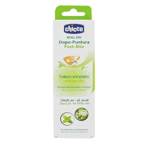 Chicco Natural Roll-On Post Bites 10ml from Jag Couture London - New York, a small clear bottle with roll-on applicator for soothing skin.