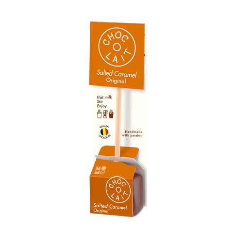 Jag Couture London New York Choc-o-Lait salted caramel Belgian drinking chocolate sticks, featuring rich caramel flavor in a box.