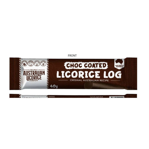 Chocolate-coated traditional licorice log by Jag Couture London-New York, showing a dark, glossy licorice treat with a chocolate coating.