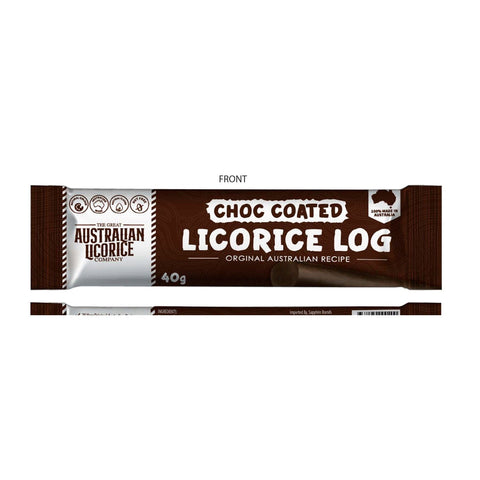 Chocolate-coated traditional licorice log by Jag Couture London New York, showing a glossy dark chocolate coating over twisted licorice.