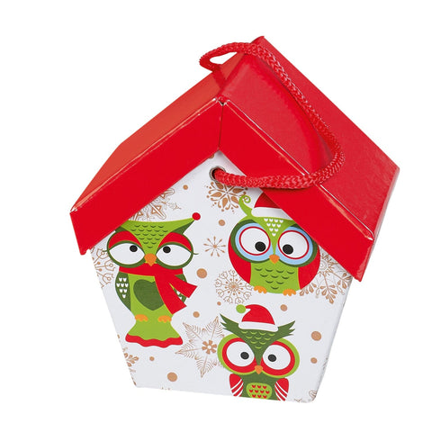 Christmas Owl House by Jag Couture London-New York, festive wooden owl-shaped house measuring 115x130mm, decorated for holiday season