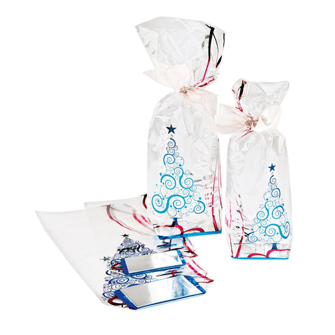 Christmas tree design cello bag by Jag Couture London, 120 x 275mm, ideal for gift wrapping or holiday packaging.