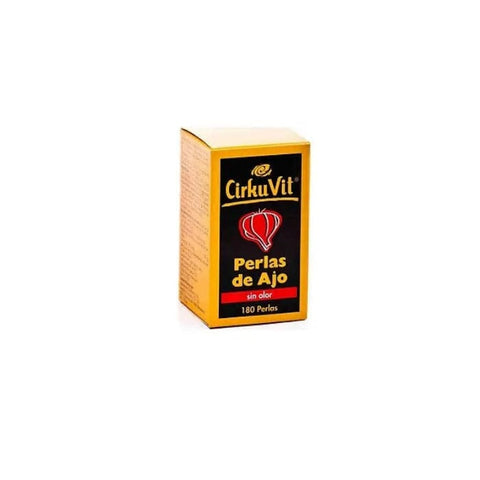 Jag Couture London New York Cirkuvit Extra Strong 180 Garlic Pearls supplement in a clear container with garlic pearls visible inside.