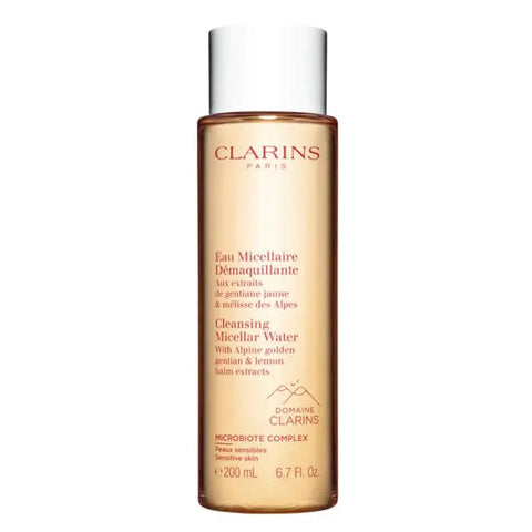 Jag Couture London New York Clarins Cleansing Micellar Water 200ml bottle, clear liquid for gentle facial cleansing.