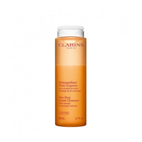 Clarins Desmaquillante Tónico Exprés for all skin types in a 200ml bottle, designed for quick makeup removal and skin refreshing.