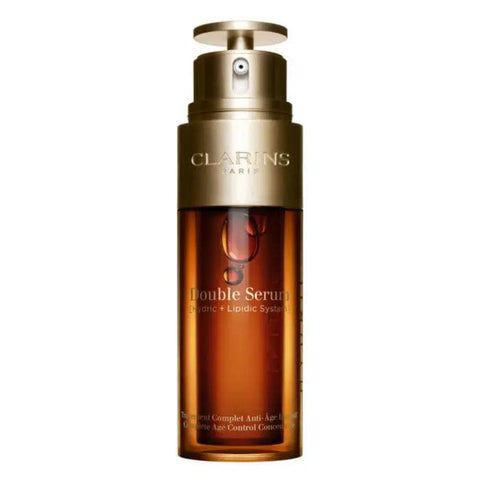 Clarins Double Serum Complete Age Control Concentrate 50ml bottle with pump and sleek packaging, used for youthful, radiant skin.