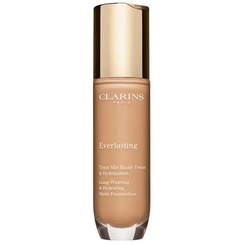 Clarins Everlasting Foundation 113C Chestnut in 30ml bottle, shown in a natural setting with the product label visible.