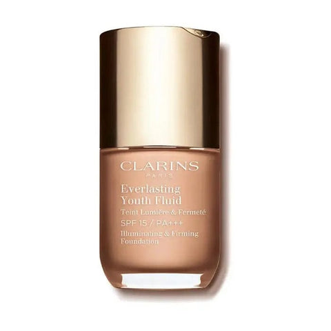 Clarins Everlasting Youth Fluid Foundation SPF15 in shade 107 Beige, 30ml bottle, with smooth liquid texture.