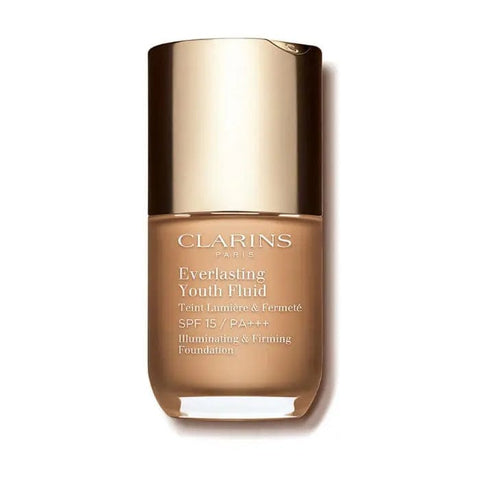 Clarins Everlasting Youth Fluid Foundation SPF15 in shade 111 Toffee, 30ml bottle, displayed with product packaging and applicator