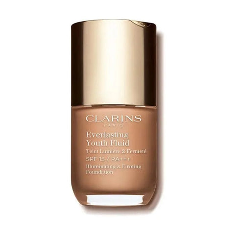 Clarins Everlasting Youth Fluid Foundation SPF15 in shade 112 Amber, 30ml bottle, with smooth liquid texture and natural finish.