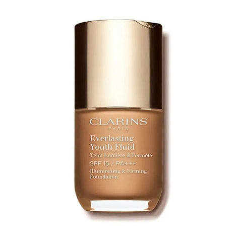 Clarins Everlasting Youth Fluid Foundation SPF15 in shade 114 Cappuccino, 30ml bottle, with smooth liquid texture and pump dispenser.