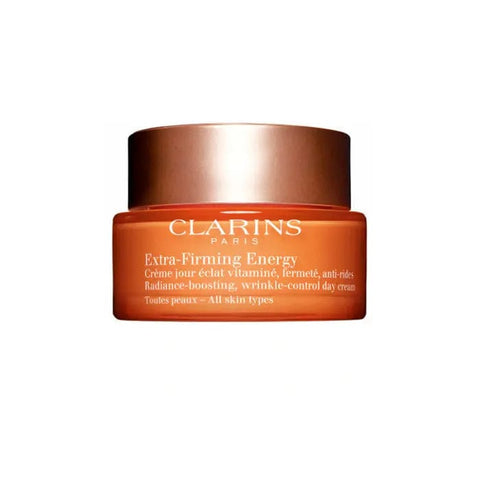 Clarins Extra-firming Energy 50ml skincare jar with a sleek design, highlighting anti-aging and firming properties.