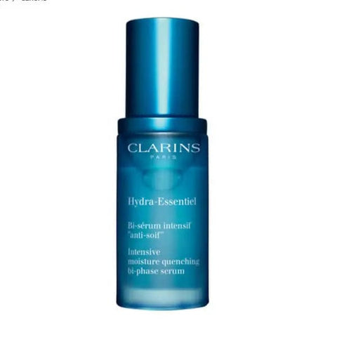 Clarins Hydra-Essentiel Bi-phase Serum for normal to dry skin in a 30ml bottle, displayed with its packaging.