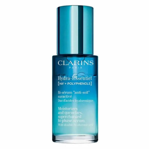 Clarins Hydra-Essentiel Bi-Serum 30ml bottle with sleek design, displayed against a neutral background.