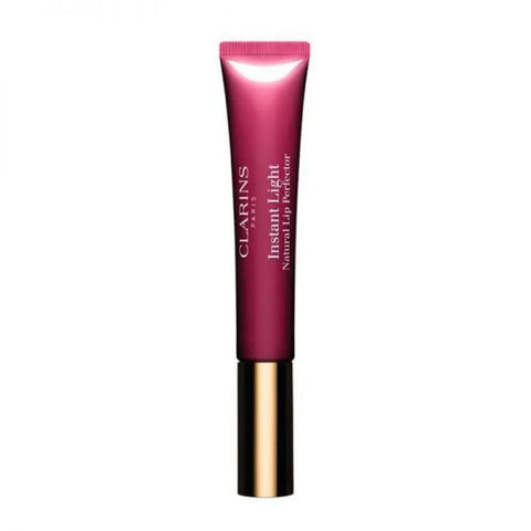 Clarins Instant Light Natural Lip Perfector in shade 08 Plum Shimmer, with a glossy, shimmering plum-colored lip gloss.