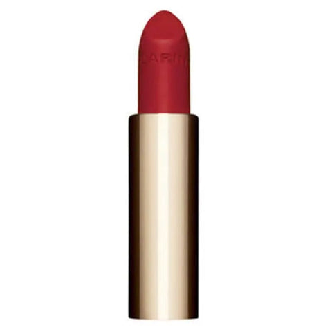 Clarins Joli Rouge Velvet La Recharge in Deep Red 3.5g, featuring the lipstick bullet with sleek packaging.