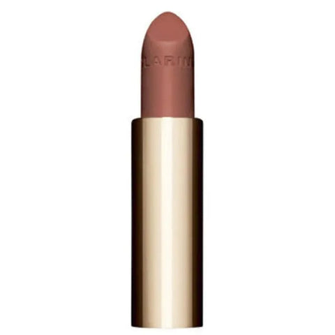 Clarins Joli Rouge Velvet La Recharge in Sandy Pink 3.5g, with the product packaging and lipstick bullet visible.