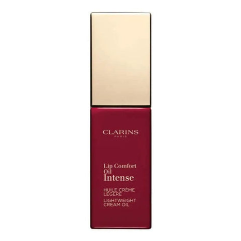Clarins Lip Comfort Oil Intense in shade 08 Intense Burgundy, a nourishing lip gloss with deep burgundy color, displayed on a model.