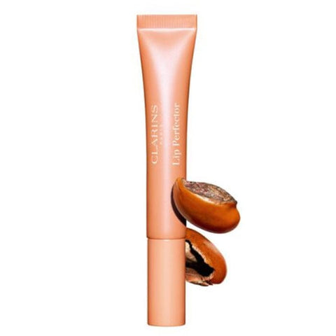 Clarins Lip Perfector Peach Glow in 12ml tube, featuring a smooth, glossy lip gloss with peach tint and subtle shimmer.