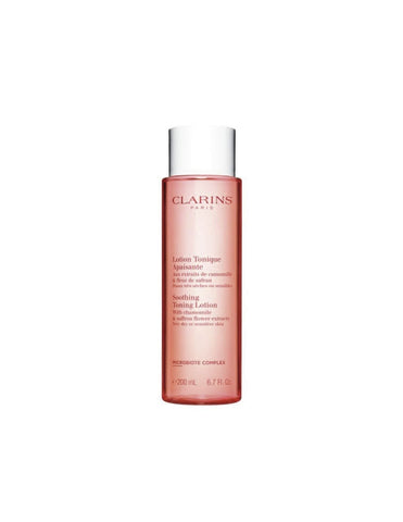 Clarins soothing tonic lotion for very dry or sensitive skin, 200ml, displayed in a clear bottle with a white cap.