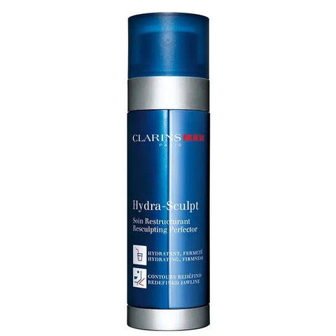 Clarins Men Hydra Sculpt 50ml skincare jar with blue and white packaging, featuring a sleek design and product label.