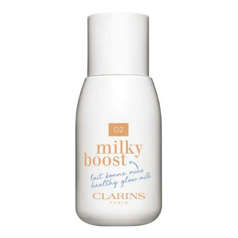 Clarins Milky Boost 02 Milky Nude 50ml bottle, featuring a sleek design and soft nude shade, on a plain background.