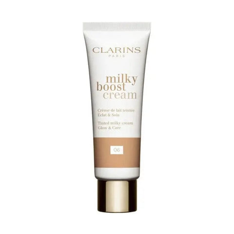 Clarins Milky Boost Cream 06 in a 45ml jar, featuring a smooth, creamy texture, displayed in a sleek jar with a silver lid.