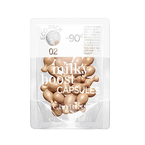 Jag Couture London New York Clarins Milky Boost capsule makeup refill pack with 30 capsules in a sleek container.
