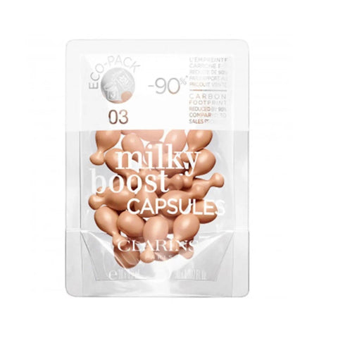 Clarins Milky Boost capsule refill pack with 30 capsules, displayed with packaging and capsules in a sleek, modern design.