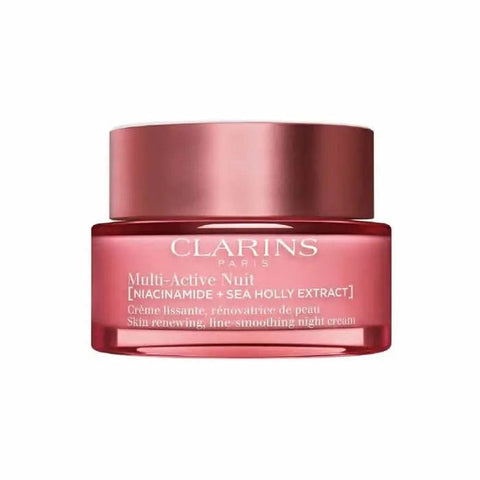 Clarins Multi-Active Night Cream for all skin types in 50ml jar, featuring a smooth, hydrating cream with a white and silver packaging.