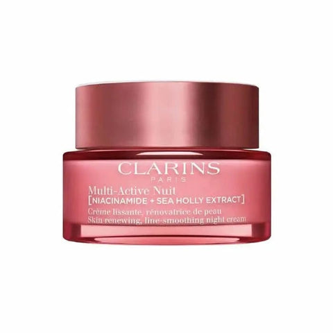 Clarins Multi-Active Night Cream for dry skin in 50ml jar, featuring a sleek container with a white lid and elegant packaging.
