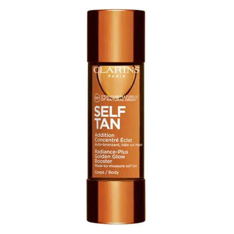 Clarins Self Tan Radiance-Plus Golden Glow Booster for Body in 30ml bottle, with a sleek packaging and golden accents.